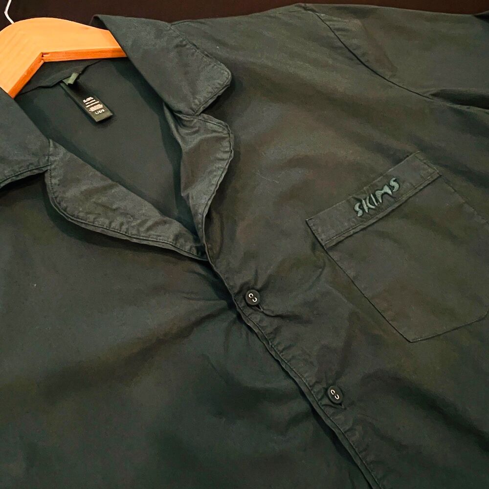 ~ SKIMS Lg Sleep Shirt* Unisex Cotton Pajama Dark Green Button Lounge Nightshirt - Picture 4 of 13